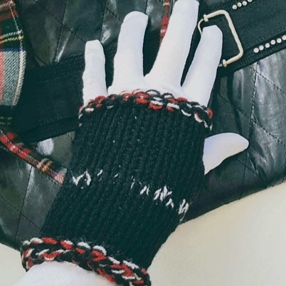 Wristwarmers Black Red Gray Sparkle Tartan Style Hand Knit OOAK